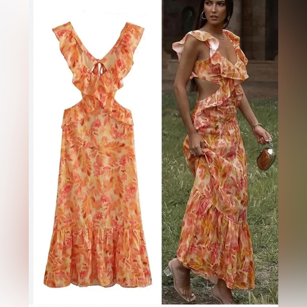 Zara Maxi Dress Backless, Ruffle, Size S